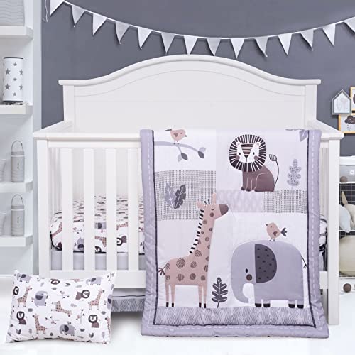 Image of JISEN 4 Piece Baby Crib Bedding Set Jungle Animals | Includes Quilt, Sheet, Pillowcase, Crib Skirt. for Girls Boys Nursery, Baby Gift