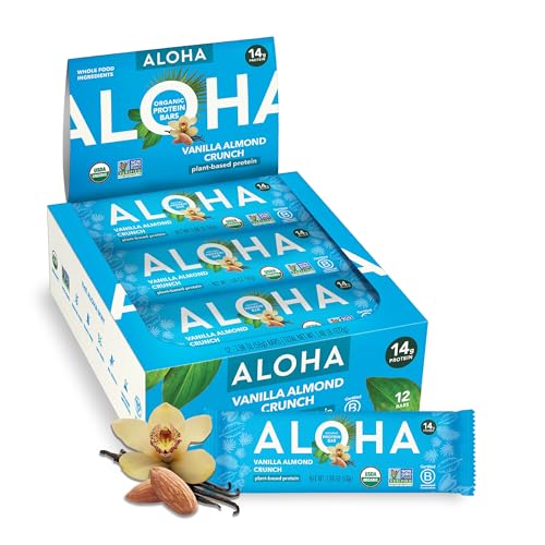 ALOHA Organic Plant Based Protein Bars - Vanilla Almond Crunch - 12 Count, 1.9oz Bars - Vegan, Low Sugar, Gluten-Free, Paleo, Low Carb, Non-GMO, Stevia-Free, Soy-Free, Sugar Alcohol Free