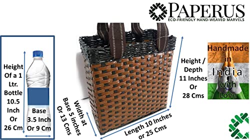 Image of Paperus Re-usable Small Light & Dark Brown Carry Bag, Shopping Bag, Tiffin Basket, Lunch Basket, Eco-Friendly, Handmade, of Paper Ropes 11 in Tall 10 in Length 5 in Wide Base