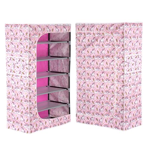 Image of BONTEC Baby Wardrobe for Clothes - almirah - Rack fot Storage Multipurpose Plastic almirah Printed Cover 6 Shelves Storage Clothes Storage Rack Quick Cabinet /Multipurpose (Baby Pink)