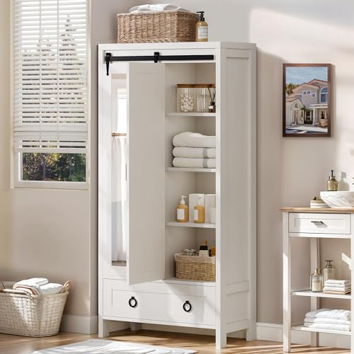 DWVO Bathroom Storage Cabinet, 67" Tall Storage Cabinet with Full Length Mirror & Barn Door, Farmhouse Bathroom Cabinets with Drawers for Kitchen Cabinet, Living Room, Laundry, White Oak