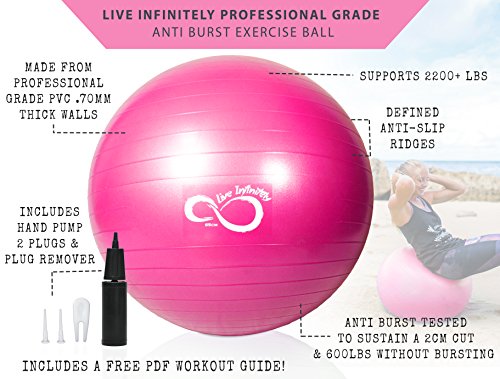 Live Infinitely Exercise Ball (55cm-95cm) Extra Thick Professional Grade Balance & Stability Ball- Anti Burst Tested Supports 2200lbs- Includes Hand Pump & Workout Guide Access (Pink, 65 cm)