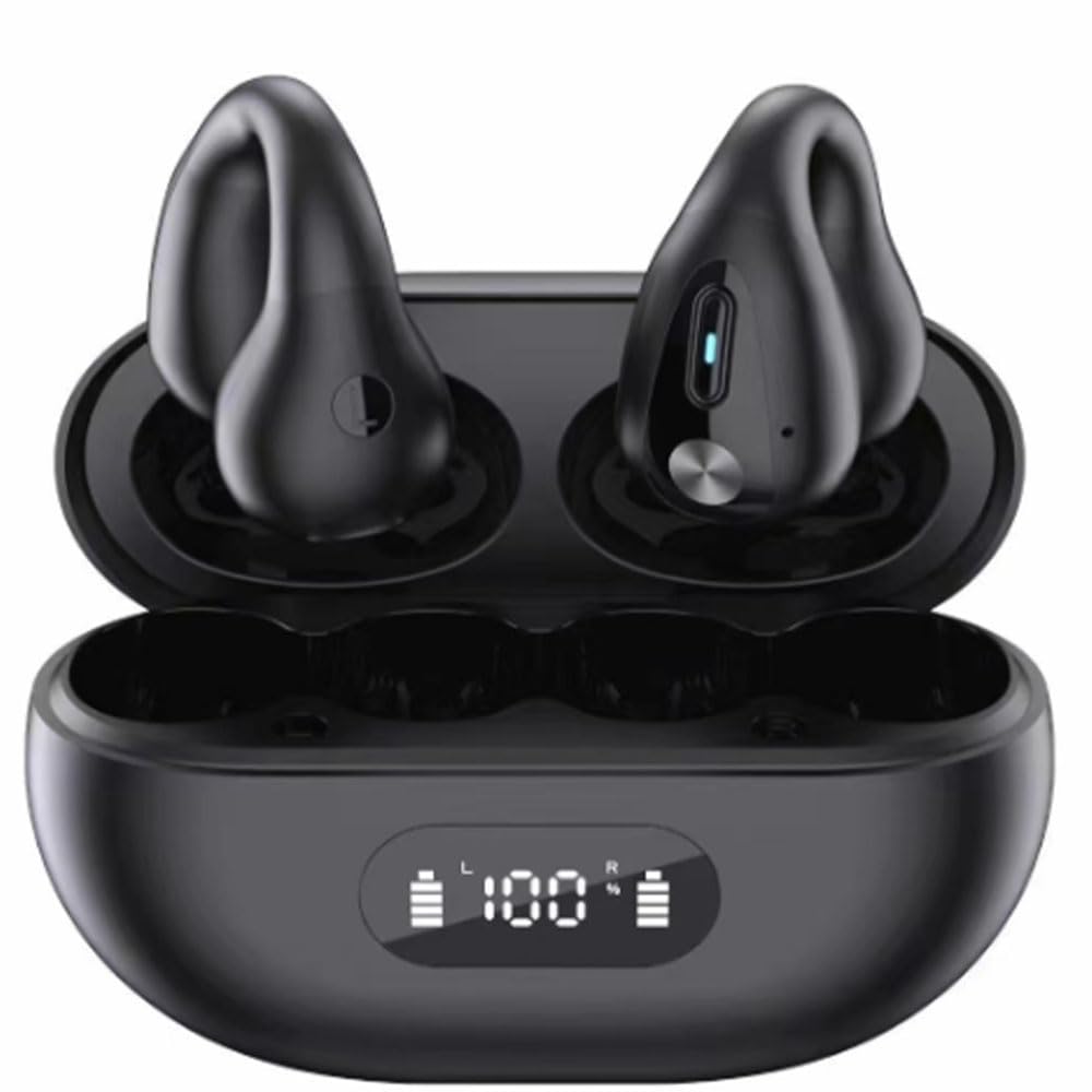 REVGOZU Wireless Ear Clip Bone Conduction Headphones, Open Headphones Bluetooth, Bluetooth Earphones for Running, Sports, Cycling (Black Battery Display)