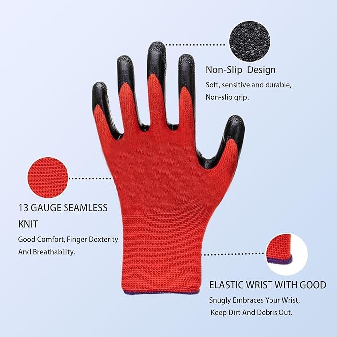 Image of Latex Coated Safety Hand Gloves for Industrial, Mechanical, Gardening, Construction & Multi-Purpose Use - Anti-Slip, Durable & Reusable - Pack of 10 Pairs, Red-Black (Latex Coated)