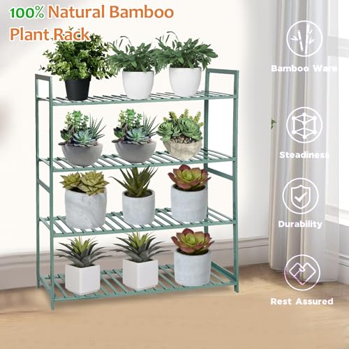 Image of Naayaab Craft Bamboo 4 Tier Plant Shelf Rack, Multi Functional Flower Pot Organizer, Plant Display Stand for Balcony, Living Room & Garden - (Green, 100 x 25 x 100cm)