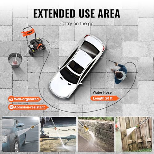 Image of VEVOR Gas Pressure Washer, 3500 PSI 2.6 GPM, Gas Powered Pressure Washer with Aluminum Pump, Spray Gun and Extension Wand, 5 Nozzle Set, for Cars, Fences, Homes, Driveways, Patios Furniture Horizontal