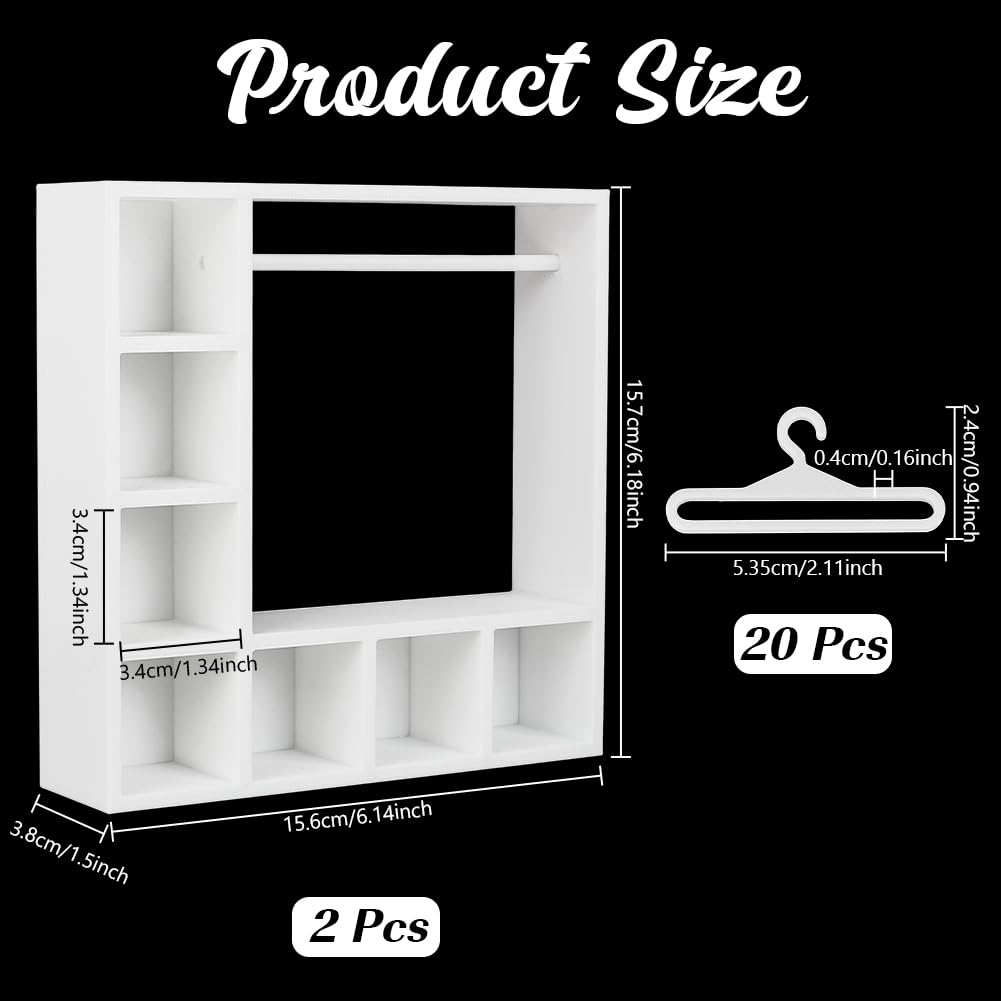 UNICRAFTALE Juego de 2 armarios blancos para ropa de muñeca con 20 perchas, mini organizador de armario de plástico, modelo micro paisaje, accesorios para casa de muñecas para decoración de casa de