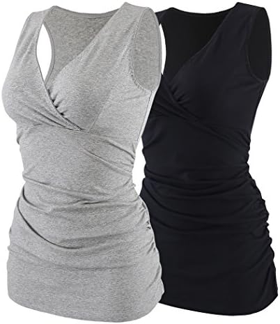 Nursing Maternity Top, Pregnant Breastfeeding Shirt, Women's Cotton V Neck Ruched Waist Double Layered Postpartum Tank