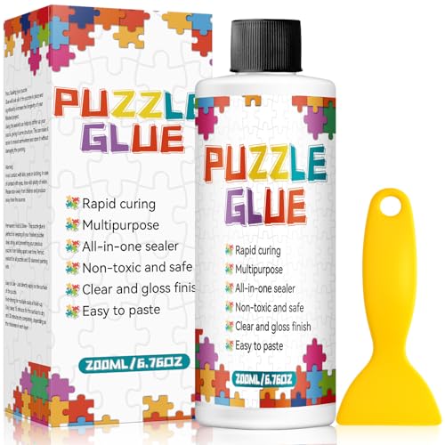 Jigsaw Puzzle Glue with Scraper, Puzzle Glue Clear, Easily Preserves Finished Puzzles for 3000/4500/5000 Pieces, Non-Toxic Puzzles Sealer for Children and Adults (200ml)