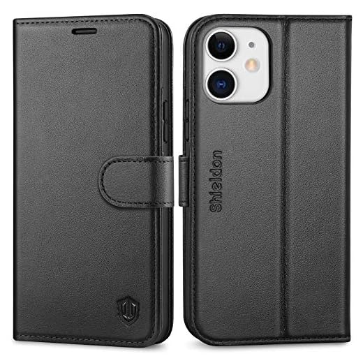 SHIELDON iPhone 12-fodral, iPhone 12 Pro plånboksfodral i äkta läder med stöttåligt TPU-skal, RFID-blockering, kickstand, kortplats, magnetiskt vikbart fodral kompatibelt med iPhone 12 Pro/12, 6,1 tum, svart