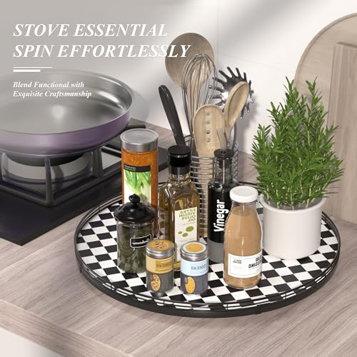 Image of 21 inch Black and White Kitchen Lazy Susan Turntable, Round Checkered Decorative Tray, Large Lazy Susan for Dining Table Centerpiece, Pantry, Kitchen, Bathroom, Countertop, Cupboard, Home Decor