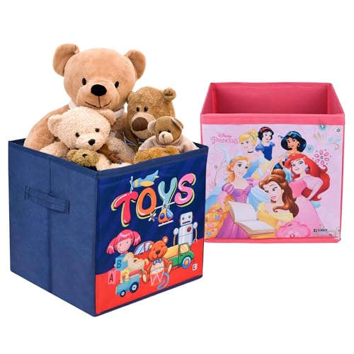 Image of Kuber Industries Pack of 2 Storage Box | Square Toy Storage Box | Wardrobe Organizer for Clothes-Books-Toys-Stationary | Drawer Organizer Box with Handle | Disney-Print | Navy Blue & Pink