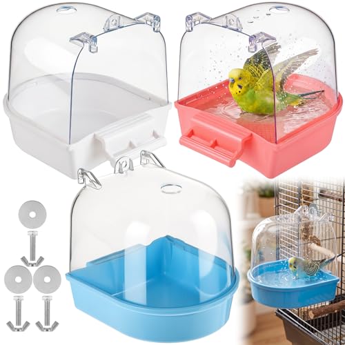 Image of Honeydak 3 Pieces Clear Bird Bath for Cage Parakeet Bird Cage Accessories Hanging Bath Box Parrot Bathing Tub with View for Cockatiel Conure Canary Budgies Parrots (Stylish Color)