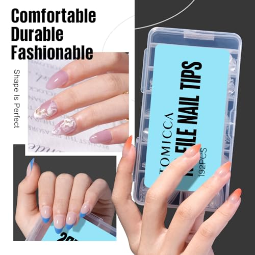 TOMICCA Short Almond Nail Tips,192Pcs Nail Tips Fake Nails Acrylic Nail Kit, 12Sizes Gel Clear Nails for Nail Extension Home DIY Nail Salon