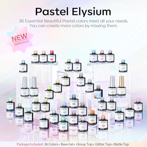 Image of modelones 40Pcs Gel Nail Polish Set, 36 Colors 2026 Summer Spring Pastel White Pink Light Yellow Blooming Glitter Gel Polish Kit with 4PCS Glitter Matte Glossy Top Base Coat LED Nail Art DIY Gift