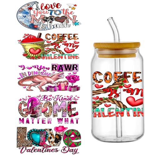 5 Sheet UV DTF Cup Wrap Transfer Stickers for Glass, Rub on Transfers Decal for 16OZ Glass Cups Furniture Craft Wood DIY Crafts (Valentine's Day)