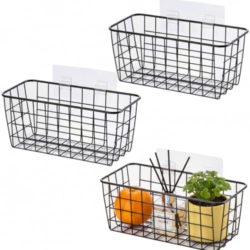 3 Set LeleCAT Adhesive Over the Cabinet Door Wire Baskets for Organizing for Kitchen Food Pantry Bathroom Shelf Storage No Drilling Wall Mounted,Black