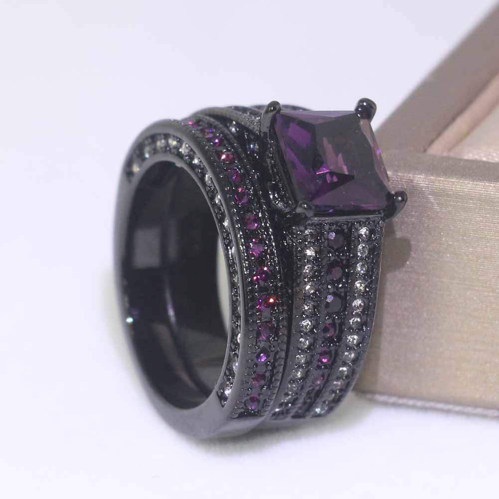 Conjuntos nupciales de lujo chapados en oro negro para mujer, conjuntos de anillos de boda de corte princesa de 0.315 in de circonita azul, Metal Cristal rhinestone, Zirconia cúbica 3