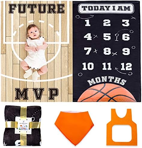 SUKOON Monthly Milestone Blanket for Baby Boy/Girl | Basketball Theme | Includes Frame and Bib | Large | 47"x40" | Personalized Baby Month Blanket for Newborn Baby Shower