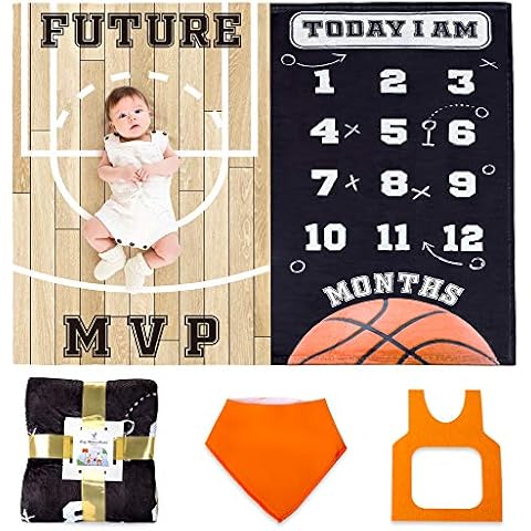 SUKOON Monthly Milestone Blanket for Baby Boy/Girl | Basketball Theme | Includes Frame and Bib | Large | 47"x40" | Personalized Baby Month Blanket for Newborn Baby Shower Cover
