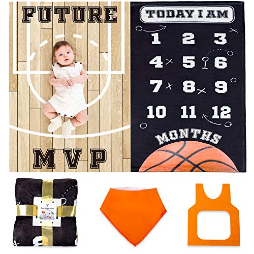 Image of SUKOON Monthly Milestone Blanket for Baby Boy/Girl | Basketball Theme | Includes Frame and Bib | Large | 47"x40" | Personalized Baby Month Blanket for Newborn Baby Shower