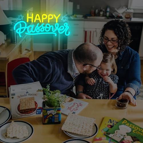 Image of Happy Passover Neon Sign Passover Decorations Led Sign Dimmable Pesach Neon Lights Pesaj Seder Neon Wall Decor for Jewish Holiday Party Home Table Decor