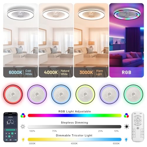 CACI Mall RGB Ceiling Fan with Lights and Remote, Low Profile Flush Mount Modern Bladeless Smart Ceiling Fan for Bedroom Kids Room Living Room, 19 Inch, White by CACI Mall - Image 6