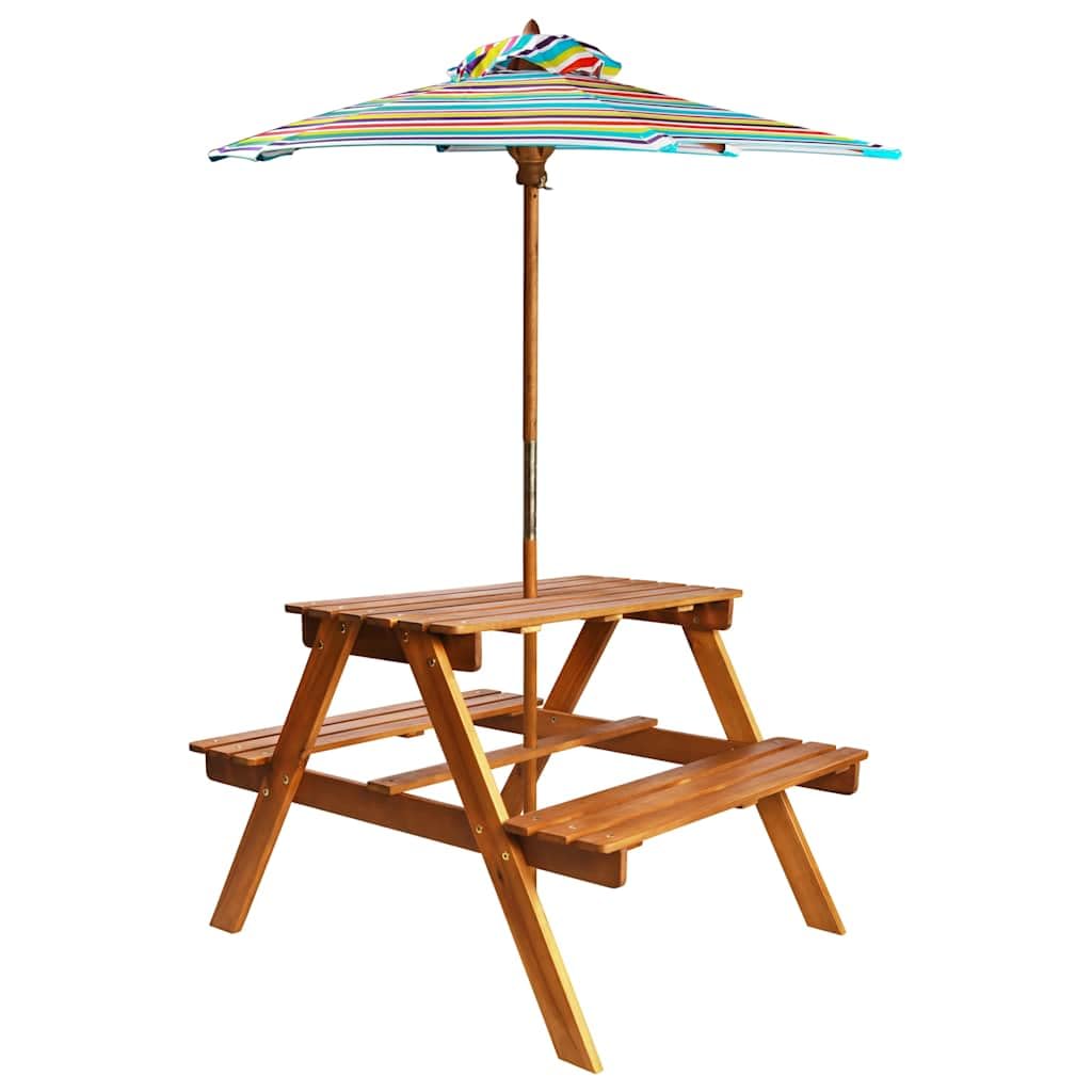 Kinder-Picknicktisch mit Sonnenschirm aus Akazienholz 79x90x60 cm klappbar wetterfest für Garten Terrasse Balkon Outdoortisch langlebig und stabil, ideal für Kinder im Freien
