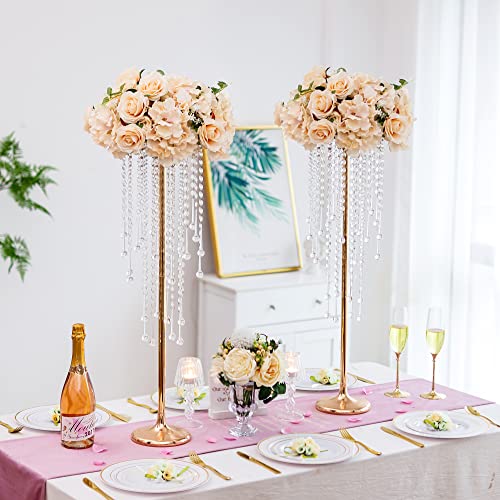 Tall Vases Wedding Centerpieces For Tables - 29.6" Gold Flower Vase With Chandelier Crystal, Centerpiece Table Decorations, Metal Flower Stand For Wedding, Reception, Party, Events, 10 Pcs #TOP3
