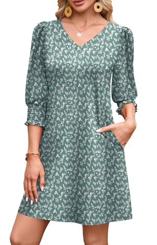 WIHOLL Summer Dresses for Women 2025 V Neck 3/4 Sleeve Spring Dresses Casual Womens Beach Coverups Early Fall Fashion Floral Sundresses Mini Sun Summer Dress Cruise Outfits Green S