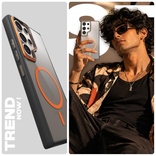 Image of Pikkme Back Cover for Samsung Galaxy S24 Ultra 5G | Shockproof | Mag-Safe Compatible | Hard Transparent Back | Premium Raised Camera Protection | Bumper Case (Black & Orange Mag-Safe)