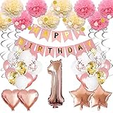Rosa und Gold Geburtstag Dekoration Set, Seidenpapier Pompoms, Latexballon, Luftballons Konfetti, Geburtstagsdeko für Mädchen, mit Happy Birthday Banner, für Deko Taufe Mädchen Freundin Tochter