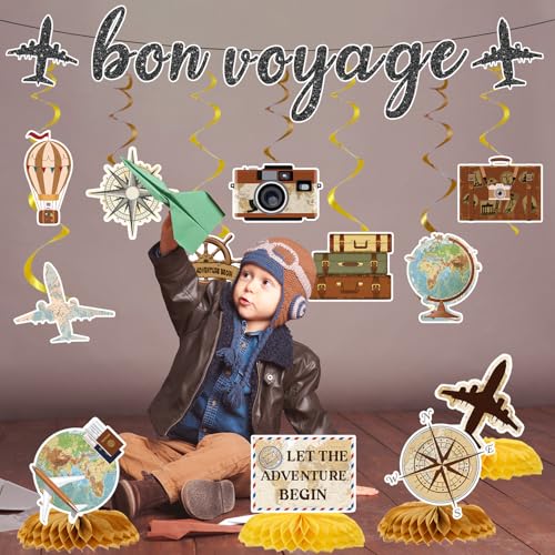 Image of Bon Voyage Party Decorations - 13PCS Travel Themed Party Decorations Glitter Bon Voyage Banner Hanging Swirls Let the Adventure Begin Honeycomb Centerpieces Decor Going Away Party Supplies