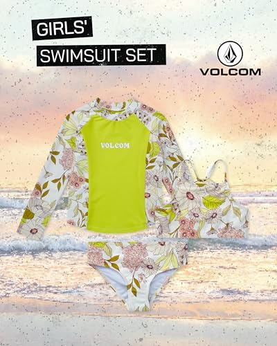 Image of Volcom Girls' Swimsuit Set - 3 Piece UPF50+ High Neck Bikini Top, Bikini Bottom and Matching Swim Shorts for Girls (2T-16)