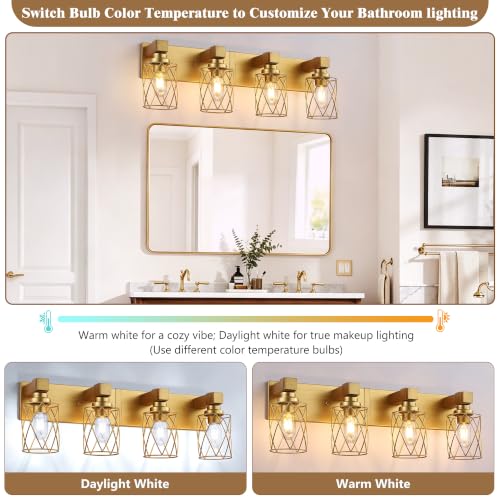 Image of Bathroom Light Fixtures, 4 Light Brushed Gold Wood Vanity Lights