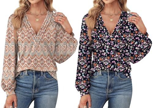 Agnes Urban Women's V-Neck Puff Sleeve Casual Tops
