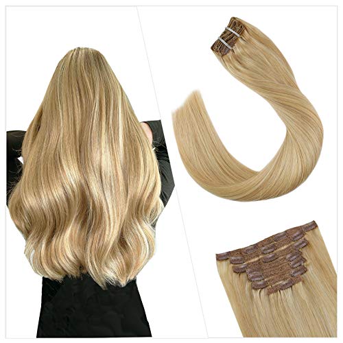 Ugeat Human Hair Clip in Hair Extension 18 Inch Blonde Hair Extensions Clip in Human Hair Golden Blonde Medium Blonde 7PCS Full Head Clip on Hair Extensions Double Weft