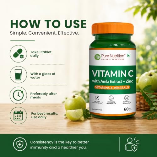 Image of Pure Nutrition Vitamin C with Amla Extract + Zinc Supplement | Boost Immunity | Support In Skin & bone Health - 60 Veg Tablets