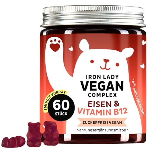 Iron Lady Vegan Komplex mit hochdosiertem Eisen, Vitamin B12, B1, B6, C, D3 & Jod – Vitamin Gummies - 60 Stück (1 Monat Vorrat) - Zuckerfrei, Vegan - Bears with Benefits