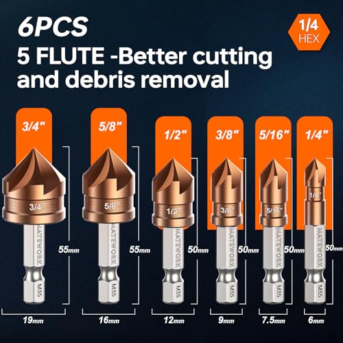 Matework MT9036 Countersink Drill Bit Set, M35 Cobalt Hss Countersink Drill Bits 6 Pieces 1/4 Inch Quick Change Hex Shank For Metal, Wood, Stainless Steel, Carbon Steel thumb #1