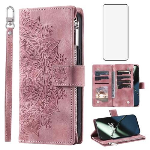 Asuwish Phone Case for OnePlus 11 5G Wallet Cover With Tempered Glass Screen Protector and Wrist Strap Mandala Flower Leather Flip Zipper Card Holder Cell One Plus11 1 Plus 1plus11 One+ 1+ Rose Gold