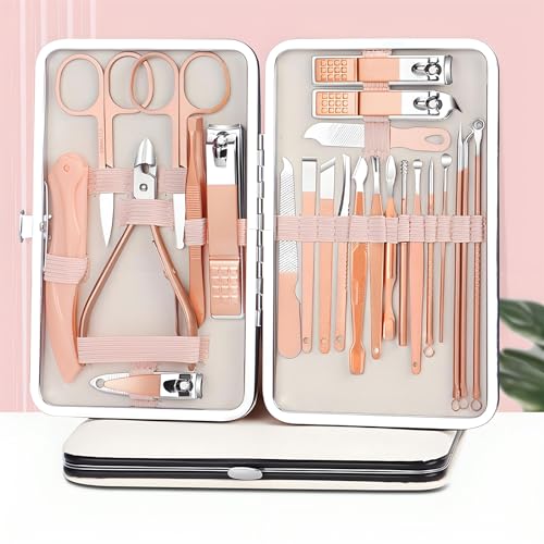 ZHIGOU Professional Nail Clipper Set, Stainless Steel Manicure Pedicure Tools in Rose Gold Box, 24 Piece Beauty Set for Men Women Travel (Rose Gold)
