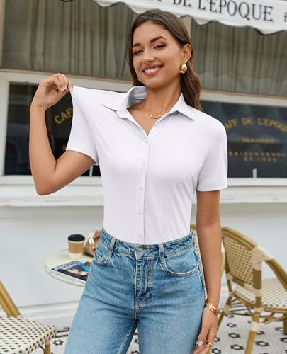 Image of Gleeivy Women's Slim Fit Button Down Shirt Stretch Short Sleeve Wrinkle-Free Work Blouse for Business Casual Office