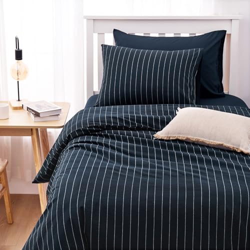 Image of Wake In Cloud - Striped Cotton Duvet Cover Set, Ticking Stripe Vertical Pinstripe Farmhouse, 100% Washed Cotton Textured Bedding Set, 3 Pieces, Navy Blue, Twin /Twin XL Size
