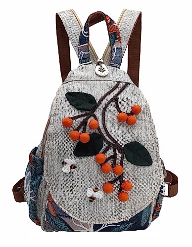 Image of Womens Cotton Hemp Cloth Backpack Boho Vintage Embroidered Casual Purse Handbags Messenger Bag Litchi