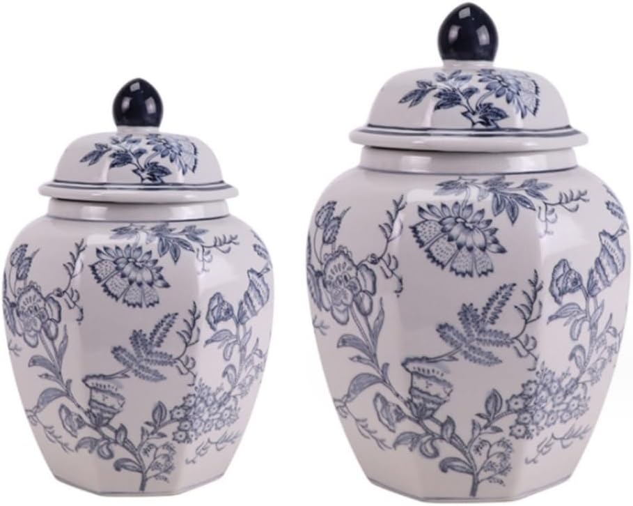 Food Storage Jar,Decorative Jar Ginger Jar Vase Decor White and Blue Floral Chinoiserie Jar Ginger Jar Tea Storage Decorative Home Decor Jar Ginger Jars Storage,Blue-16 * 25Cm