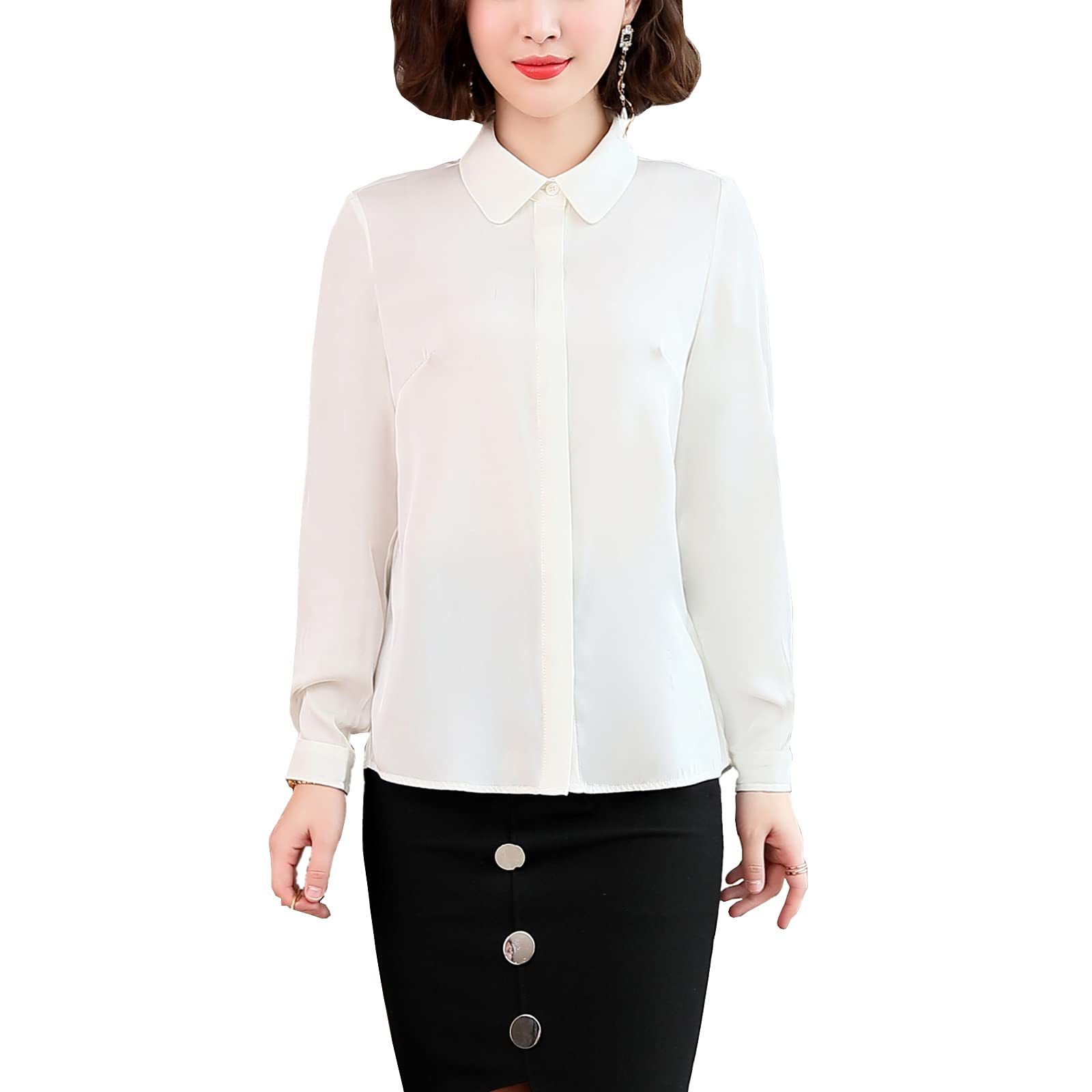 Valin Blusa de seda para mujer Camisa Sólido Botón Abajo Camisas Blusa de Mujer Manga Larga Solapa Blusa de Seda,S1908