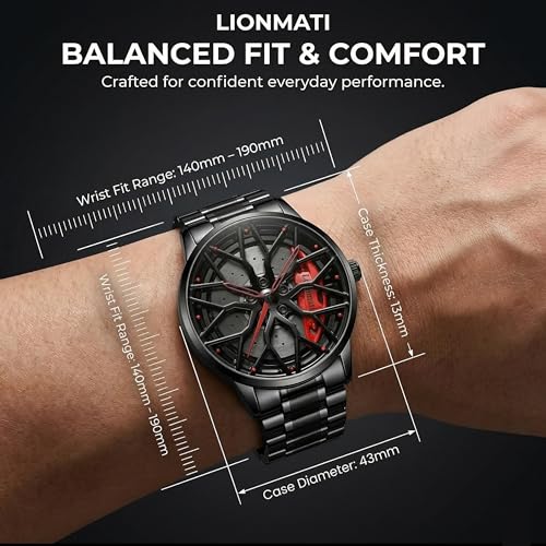 Image of Men's Quartz Watch with Rotating Alloy Wheel Dial | Brake Disc Inspired Sport Car Wheel Watch for Men & Boys, Black Stainless Steel Bracelet, Red Hands Spinner Design