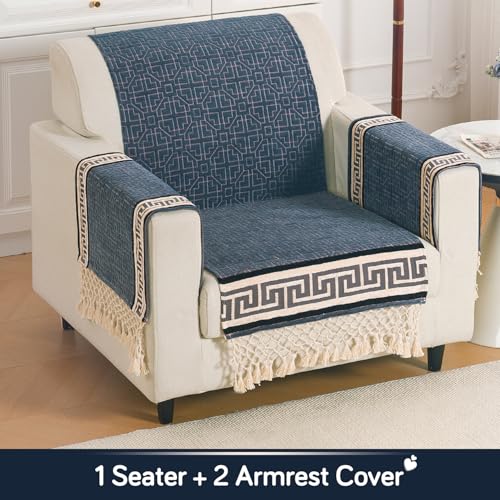 Image of HOKIPO 'Imperial Tassel Series' Thick & Soft Chenille Jacquard Sofa Cover 1 Seater Set for Seat, Back & Arms with Tassels, Slate Grey (IN-1009 + IN-1012-I5*2)