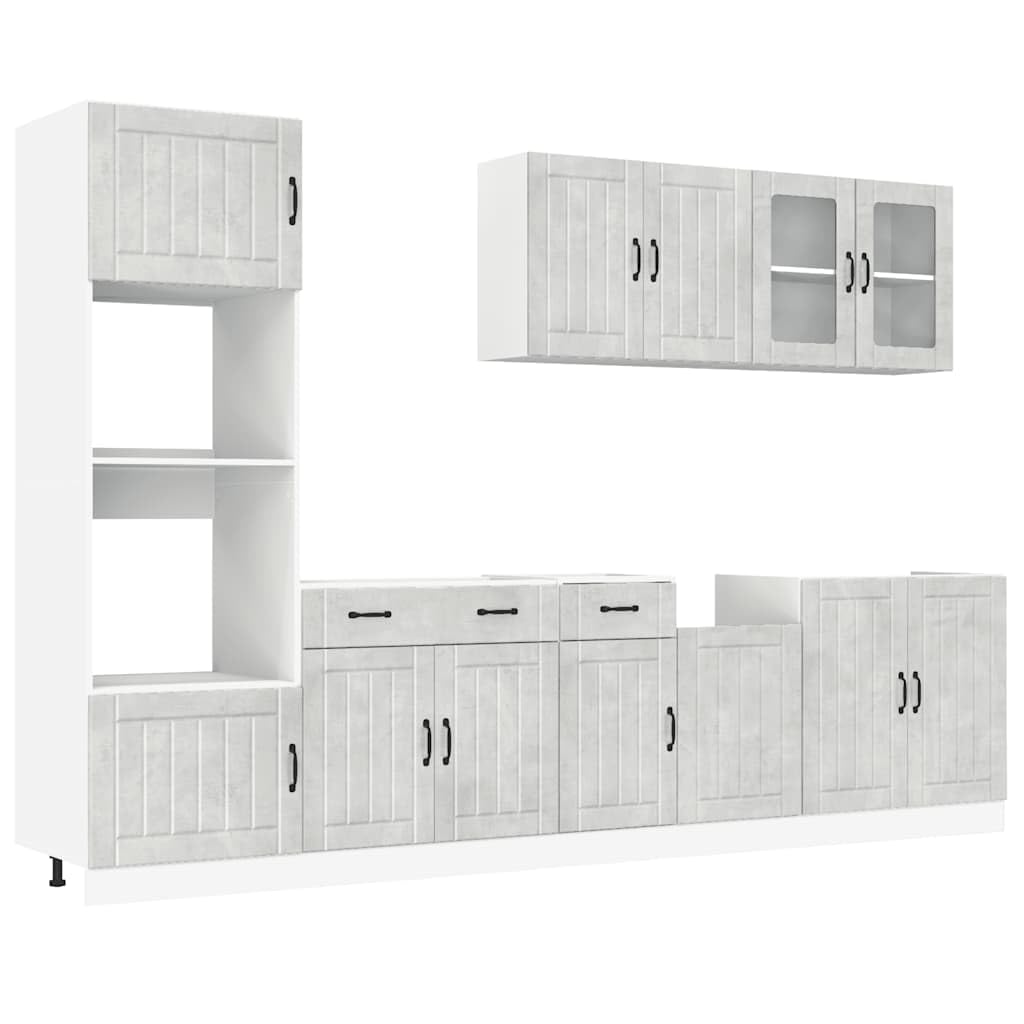 Mobili da cucina Lucca, set di 7 mobili da cucina moderni in legno grigio cemento, blocco da cucina con pensili e pensili per molto spazio in cucina